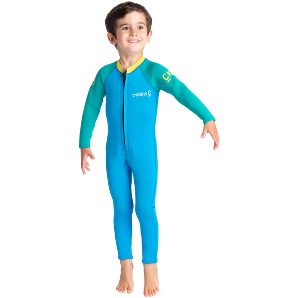 2025 C-Skins Junior C-KID 3/2mm Front Zip Våddragt C-BA32ST - Cyan / Green / Aurora Yellow